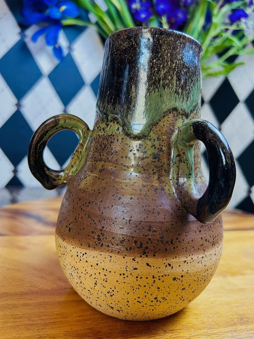 Triple Handle Studio Pottery Vase Signed Speckled Earth‎ Tone Rustic Green Beige